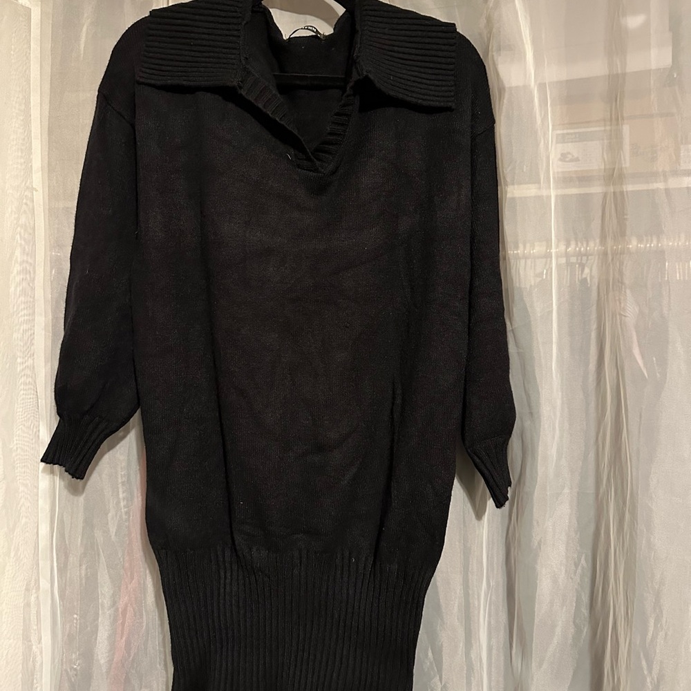 Black V-Neck Sweater Dress with Relaxed Fit